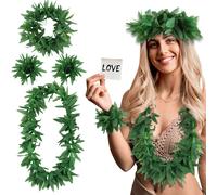 1/4 Uds. Collar de ocio verde hawaiano hojas artificiales guirnalda diadema pulsera Luau decoración de fiesta de cumpleaños Tropical 4Pcs Set