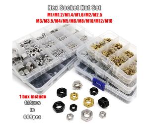 1 caja Mix M1 M1.2 M1.4 M1.6 M2 M2.5 M3 M4 M5 M6 M8 a M16 DIN934 Juego de tuercas hexagonales 304 Acero inoxidable Latón Acero al carbono 445pcs SUS304
