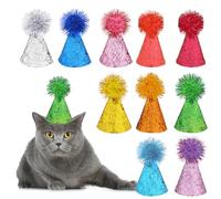 10 Coloridos Mini Sombreros de cumpleaños para Gatos y Perros, Bonitos Sombreros de Fiesta de Cono con Pompones, Ajustables para Cachorros, Gatitos y Conejos