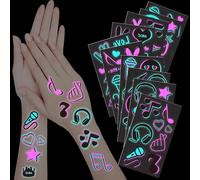 10 Hojas de Tatuajes Temporales Luminosos con Motivos Musicales, Pegatinas Fluorescentes en Rosa y Azul Neón con Notas Musicales y Coronas, Accesorio para Fiestas Disco 1set 10 Sheet