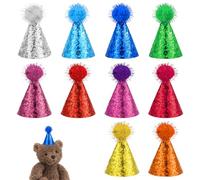 10 mini sombreros de cumpleaños para juguetes de animales de peluche, sombreros de fiesta de cono con purpurina con pompones para niños, mascotas, decoraciones de bricolaje, mini sombrero de perro