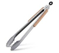 10 pinzas para asar, de acero inoxidable, con mango de madera, pinzas largas para parrilla y cocina, 38 cm, pinza de cocina con orificio, color plateado/natural