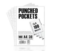 100 fundas perforadas de plástico A4 de 30 micras para carpetas, archivadores, carteras, fundas