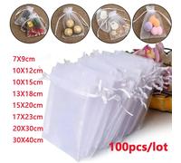 100 unids/lote 7x9 9x12 10x15 13x18CM bolsas de Organza bolsa de joyería decoración del banquete de boda bolsas dibujables bolsas de regalo embalaje de joyería White