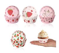 100uds Fresa Capacillos para Cupcakes, Dulce Fresa Temática Capacillos para Cupcakes Papel con Caja de PVC Almacenamiento Transparente por Muffins Bocadillos y Postres Envoltorios Decoraciones