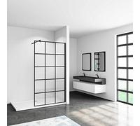100x200cm Mamparas de ducha pantalla panel fijo estilo industrial negro Mate con cuadrados cristal antical 8mm con Barra 70-120cm