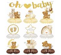 10pcs DecoracióN Baby Shower revelacion Genero Bebe de Oso Para Gender Reveal Centros Mesa Bautizo NiñO Oh Baby Bandera (Beige Marrón)