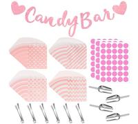 114PCS Candy Bar Accesorios Set,Contiene 100 Bolsas de Candy Bar,3 Pegatinas,6 Pieza Pinzas de Candy,4 Cucharas,1Candy Bar Banner para caramelo, bar, boda, fiesta, cumpleaños,barbacoa
