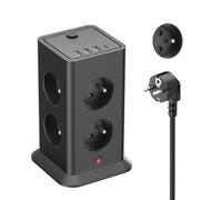 12 en 1 - Regleta con interruptor, toma de corriente francesa 8 tomas de CA con 4 puertos USB, bloque multitoma de sobretensiones y sobretensiones con interruptor, 3680 W cable 2 M para casa oficina