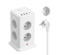 12 en 1 - Regleta con interruptor, toma de corriente francesa 8 tomas de CA con 4 puertos USB, bloque multitoma de sobretensiones y sobretensiones con interruptor, 3680 W cable 2 M para casa oficina