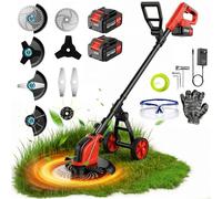 12 Inch Desbrozadora a Bateria con Ruedas, Cortabordes Electrico de 800W con Pantalla LCD, Desbrozadora Electrica 2 Baterías 6000 mAh, 4 Tipos de Cuchillas para Césped, Jardín, Patio