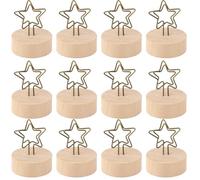 12 Piezas Clip para Tarjetas de Mesa Base de Madera y Hierro | Forma de Estrella, Portátil y Pequeño, para Señalización de Papel, Decoración de Mesa y Buffet