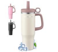 1200ml Taza Térmica - Vaso Térmico con Asa y Pajita - Termo Café sin BPA 1.2L - Taza para Beber Caliente y Frío - Beis