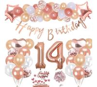 14 Cumpleaños Decoración Oro Rosa Kit Para Niña Niño, Inflables Corazón Numeros Gigantes Helio Globos papel Confeti Mesa Feliz Cumpleaños Decoración de la Torta Regalo Para 14 Años Infantiles Fiesta