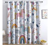 140 x 225 cm, juego de 2 cortinas, 100% opacas con aislamiento térmico, dibujos animados, unicornio, arco iris, estrellas, tejido suave e impermeable, doble cortina con ojales para dormitorio, sala de