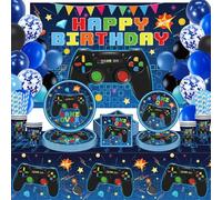 146 piezas de decoraciones de cumpleaños con temática de videojuegos. Juego de vajilla con temática de videojuegos para decoraciones de cumpleaños infantiles. Para 20 invitados.