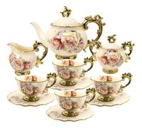15 Pieces English Porcelain Tea Sets, Vintage Rose Flower Coffee Set, Wedding Tea Service