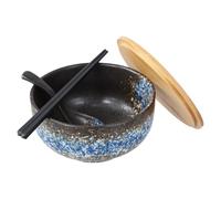 1500ML Juego de Tazones de Ramen Japonés, Ramen Bowl De Cerámica, Cuenco de Sopa Antideslizante con Tapa de Madera Cuchara y Palillos, Tazón de Ramen, for Ensalada Postre Arroz Pasta Gachas (Azul)