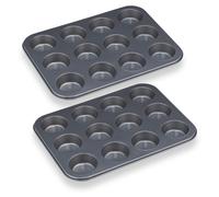 16 moldes para muffins, 12 bandejas para muffins, bandejas para cupcakes con revestimiento antiadherente, acero al carbono, para muffins y cupcakes, diámetro de 6,5 cm, color gris