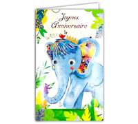 17-6038 Tarjeta con Sobre Feliz Cumpleaños para Niño Niño, Niña, Elefante Azul Corona Rey de Animales Ratón Pájaro que canta Silbato Mariquitas Ilustración Juventud - Hecho en Europa