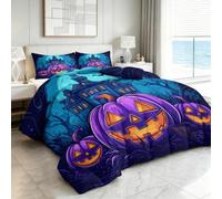 180 x 200 cm Halloween Casa Embrujada Murciélagos Calabaza Funda Nórdica Reversible Estampado 3D, Set de Ropa de Cama Fácil de Cuidar, Diseño de Doble Cara, Tejido Transpirable y Duradero, Azul