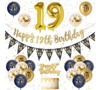 19 Años Decoracion Cumpleaños Hombre Azul Oro Banner de Feliz Cumpleaños, Azul Oro Globos de Cumpleaños, Globos 19 Grandes, Globo Confeti Decoracion Fiesta Cumpleaños para Hombre 19 Años