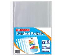 1ABOVE Paquete de 100 carteras de plástico transparente de 30 micras, tamaño A4, perforadas, de polietileno, para documentos (1)
