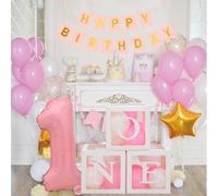 1st Birthday Decorations Cajas para niñas, 3pcs cajas de globo con 20 globos blancos rosados, una letra, bloques de globos para las decoraciones de la fiesta de cumpleaños del primer cumpleaños