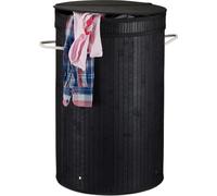 2x Cesto Ropa Sucia con Tapa, Cubo Colada Plegable, Redondo, Bambú, 65 Litros, Ø 40 cm, Negro
