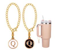 2 dijes de letra Q, accesorios para Stanley Simple Modern Cup Name ID Plate Inicial Letra Manija Personalizada para Vaso Stanley Taza de agua Mango Identificación Letra Charm Cadena Blanco Negro