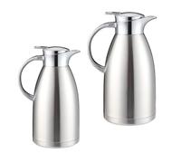 2 jarras de café térmicas de acero inoxidable con aislamiento al vacío, 1,8 L + 2,3 L, plata, diseño de doble pared, enchufe de silicona ecológico, boquilla de vertido con botón