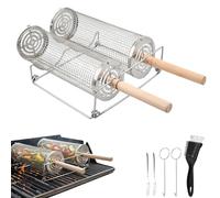 2 Pcs Parrilla Barbacoa Giratoria 30cm 29cm, Rejilla Barbacoa Redonda Acero Inoxidable con 2 Mangos Madera Extraíbles, 2 Ganchos, 2 Tenedores, Cepillo, Soportes, Parrillas para Pescado Accesorios BBQ