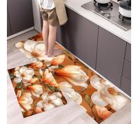 2 Piezas Alfombras Cocina Magnolia Naranja, Antideslizantes Lavable Tapete De Cocina, Estampado Floral Vintage Pintado Con Pintura Gruesa, Alfombra De Cocinas Para Piso, Oficina 50x80cm+50x150cm