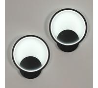 2 Piezas Aplique Pared Interior LED, 12W 1350LM Lámpara de Pared Redonda Moderna, Apliques de Pared in Acrílico para Dormitorio, Estudio, Comedor, Pasillo, Escalera, Luz Blanca Fría 6500K, Negro