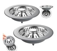 2 Piezas Colador Desagüe,Filtro para Fregadero,Colador de Fregadero,Tapón de Cocina 3 en 1,tapón de Drenaje emergente,para colector de residuos de Alimentos.(Diámetro del Orificio:78-85 mm,Plateado)