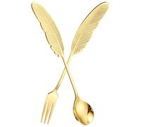 2 Piezas Cuchara y Tenedor de Plumas Dorado de Acero Inoxidable | Acabado Liso y Brillante, Seguro de Usar y Fácil de Limpiar, para Bbq y Picnics