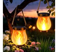 2 Piezas Farolillos Solares llama Exterior,Llama Danzante Faroles Colgantes Impermeables con Cuerda de Cáñamo, IP64 para Campamento, Jardín, Mesa Exterior, Patio, Balcón