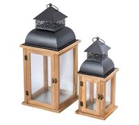 2 Piezas. Juego de faroles de Madera, Metal y Cristal - Wind Color de luz Natural marrón - Portavelas Farol - Linterna de jardín Madera Jardín Iluminación Decoración Vintage Antiguo