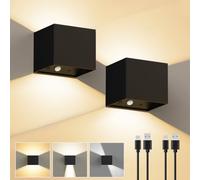 2 Piezas Lampara de Pared Recargable con Detector de Movimiento, Negro | Ángulo de Haz Ajustable, Luz Ajustable Táctil, Batería Aplique de Pared Sin Cable, Magnetica Lámpara para Dormitorio Pasillo