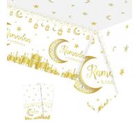 2 piezas Manteles de Mesa Plastico para Eid al-Fitr,137 * 274cm Oro Blanco Luna Estrella Mantel Rectangular Impermeable,Manteles de Fiesta Decoración de Mesa para Fiesta ¡Eid Ramadán Mubarak