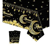2 piezas Manteles de Mesa Plastico para Eid al-Fitr,137 * 274cm Oro Negro Luna Estrella Mantel Rectangular Impermeable,Manteles de Fiesta Decoración de Mesa para Fiesta ¡Eid Ramadán Mubarak