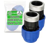 2 Piezas Racor Manguito Ø 20 mm x 1/2″ Polipropileno PP para Conectar Tubo Polietileno PE con Rosca Hembra Reforzada con Anillo de Acero Galvanizado de Polipropileno - Garantía de 5 Años - ONIX TECH