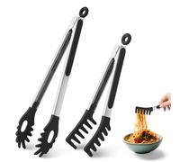 2 pinzas de pasta para espaguetis, pinzas de silicona resistentes al calor de 9 y 12 pulgadas, servidor de espaguetis con dientes de silicona para servir alimentos, cocinar, ensalada, fideos de