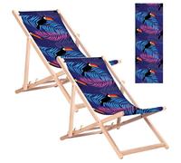 2 sillas reclinables clásicas de madera de haya, modelo GreenBlue GB183, con estampado de tucán