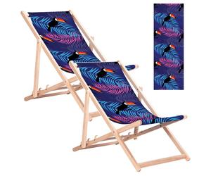 2 sillas reclinables clásicas de madera de haya, modelo GreenBlue GB183, con estampado de tucán