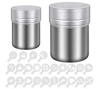 2 Tamaños 304 Stainless Steel Chocolate Shaker Agitadores de Polvo Salero Agitador para Icing Sugar Salt Pimienta Cappuccinos Cocoa Flour Coffee Sifter con Tapa, 24 plantillas de estarcido
