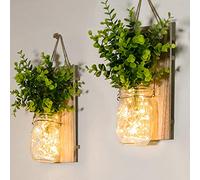 2 tarros de cristal colgantes con luces LED para colgar en la pared, plantas de plástico, iluminación del hogar, funciona con pilas, decoración de interior para el hogar, dormitorio, fiesta