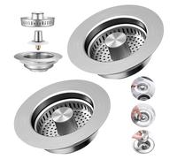 2 uds. MSLHUB - Rejilla de desagüe para fregadero de cocina y tapón de drenaje para lavabo, tapón emergente mejorado 3 en 1 de acero inoxidable con filtro, tapón de lavabo para orificio de fregadero