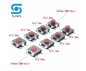 20/100 unids/lote 6*6*2,5/3,1/3,7/4,3mm interruptor SMD 4/5 pines pies Micro interruptor táctil interruptores de botón rojo 6X6 interruptor táctil 100PCS 6x6x4.3 MM