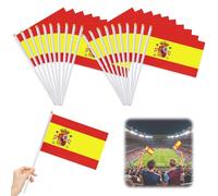 20 banderines españoles de mano, de poliéster, con mástil, 14 x 21 cm, ideales para eventos deportivos, fiestas nacionales y decoración de bares.